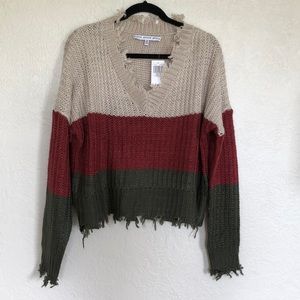 Color Block Sweater with Frayed Edges